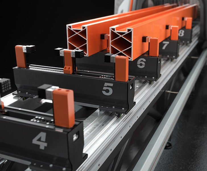 Vices and dynamic tandem The vice unit can ensure the correct and safe clamping of large aluminium, steel and light alloy profiles. The vice structure, in particular the wide Y stroke, allows the machining of large profiles, thus meeting the typical requirements of industrial and door applications. Each vice unit can be configured with double hold-down device for the machining of two parallel profiles. In the HP version, vice positioning is managed by additional CNC axes. In dynamic double operation mode, the CNC simultaneously manages the movement of the vices and of the mobile gantry in the two separate work areas, thus allows significant increases in productivity.